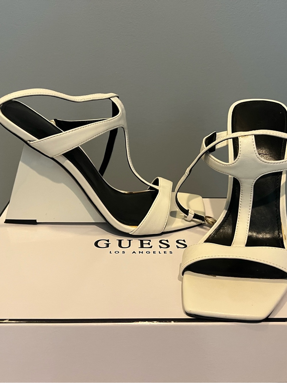 GUESS White T-Strap Wedge Sandals